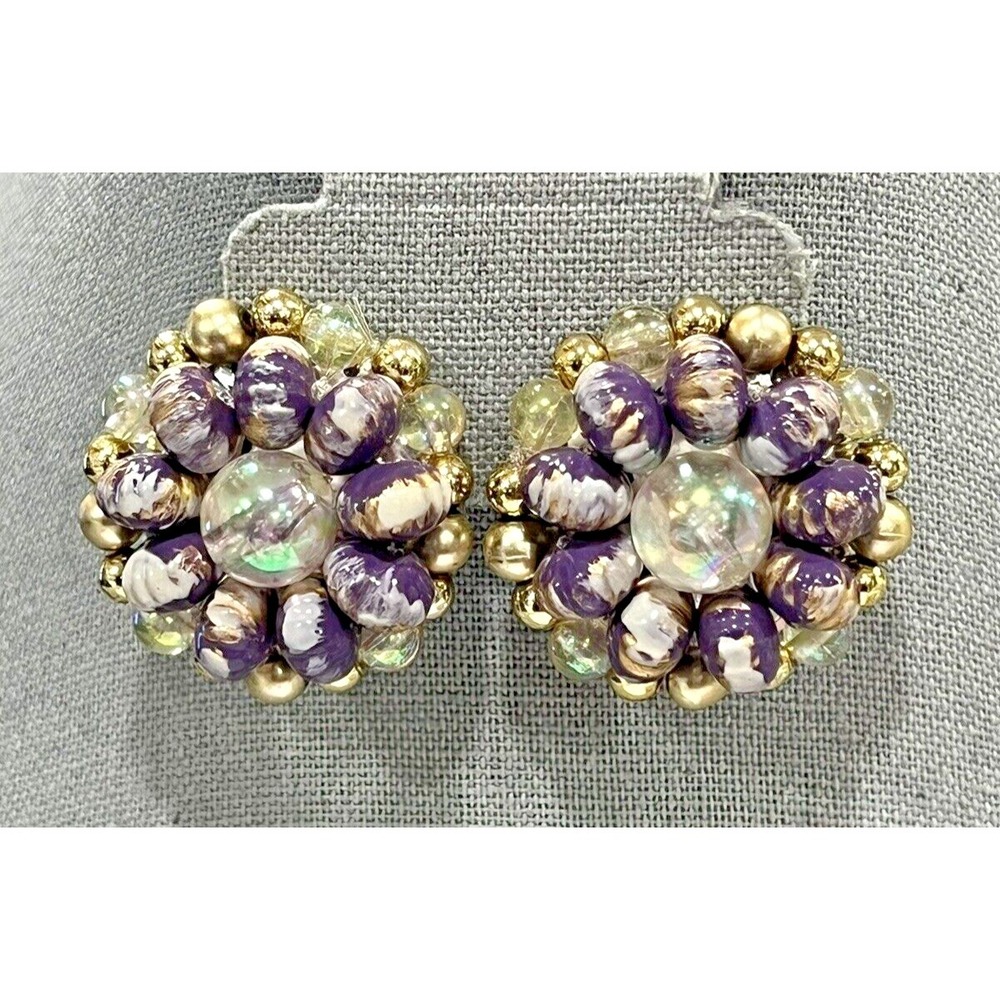 Vintage Purple Gold Beaded Cluster Clip-On Earrings Iridescent Acrylic Statement